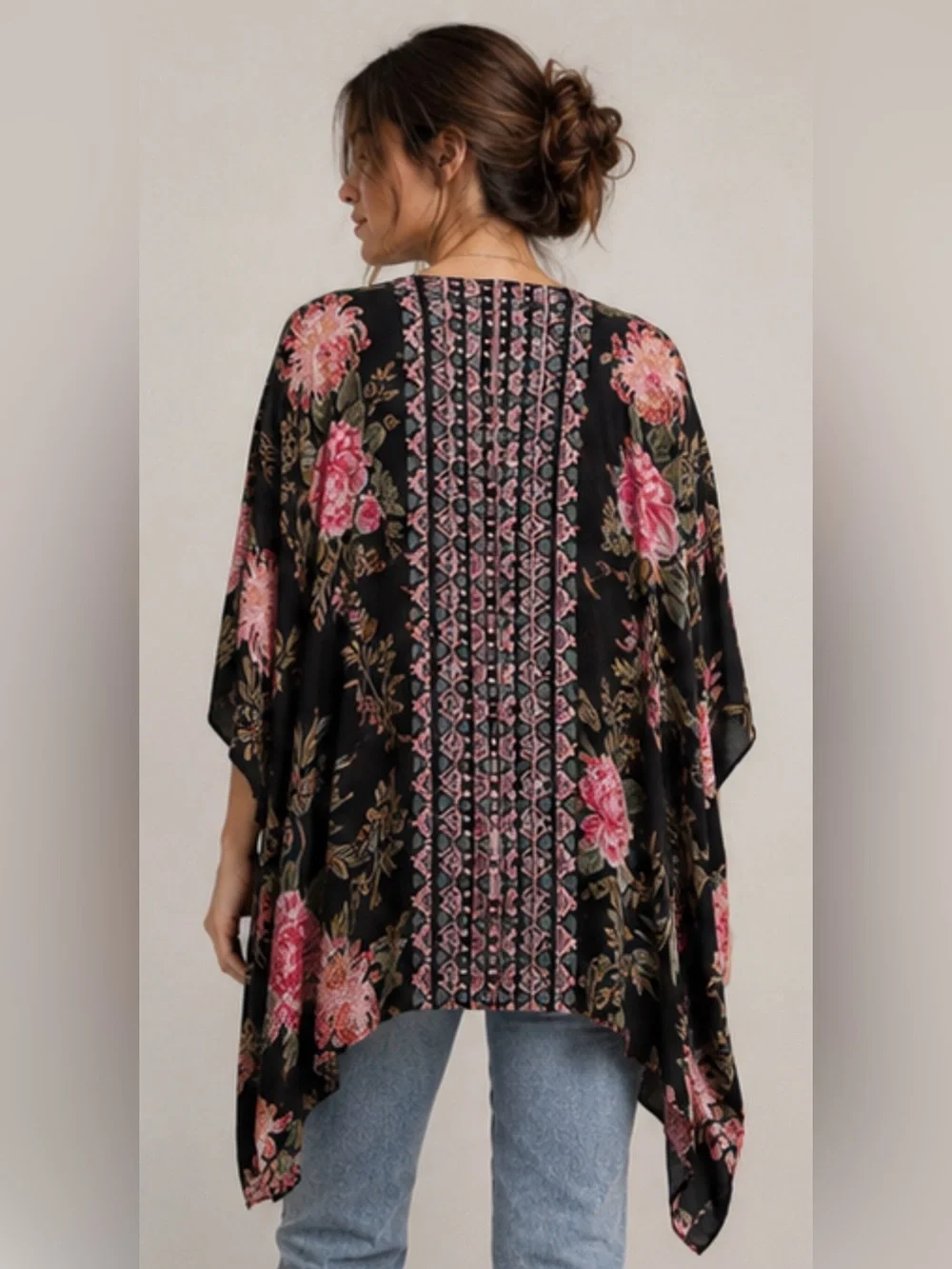 Angie Kimono Womens 2X Black Pink Floral Rayon Boho Open Front Cover Up - Picture 4 of 7